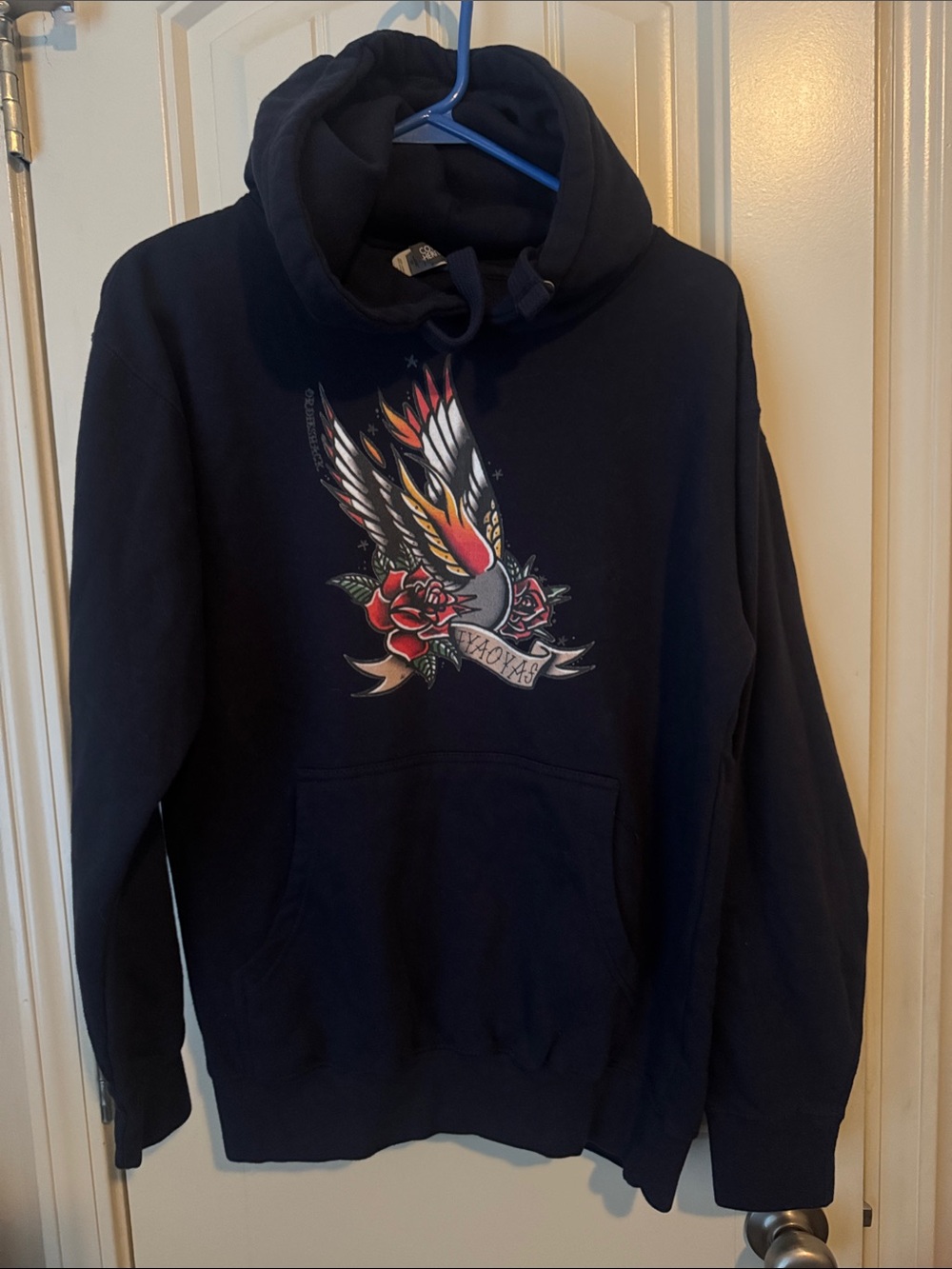 Men's black Pullover Hoodie with Wing & Rose Graphic